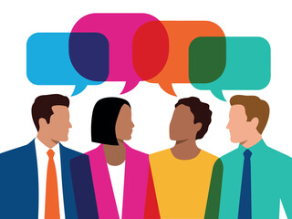 Diverse group of people communicating with colorful speech bubbles above their heads.