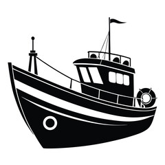 Solid black fishing boat icon shows nautical vessel side view in great detail