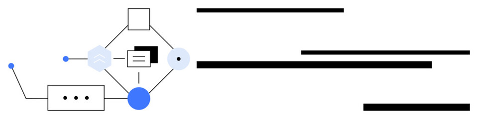 Network of nodes, lines, shapes forming a workflow structure. Ideal for automation, organization, connectivity, collaboration, technology systems process design. Simple flat metaphor