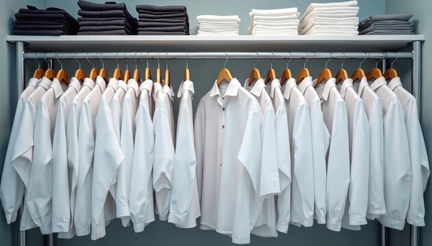Clean white shirts hang on wooden hangers in a neat wardrobe. Folded clothes rest above. The photo reflects corporate attire and garment care.