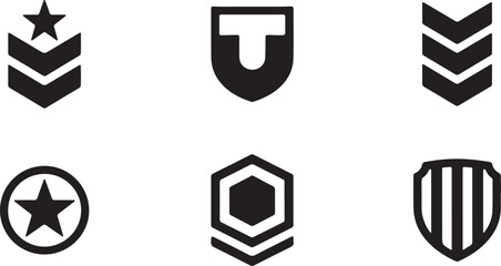 Military and police rank insignia vector icons set, abstract shield badges, star, chevron, and security symbols collection.
