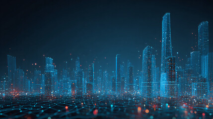 Futuristic city skyline with glowing network connections representing digital infrastructure and advanced technology for smart city concepts and innovation.