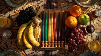 Vibrant kwanzaa candle arrangement with fresh fruits for festive celebration