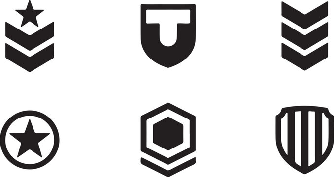 Military and police rank insignia vector icons set, abstract shield badges, star, chevron, and security symbols collection. - Powered by Adobe