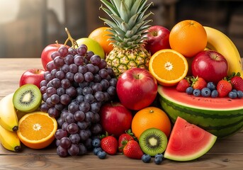 Colorful and fresh assortment of fruits on a wooden surface for healthy eating