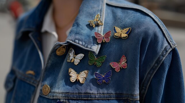 A collection of retro enamel pins arranged on a denim jacket, vibrant colors and glossy textures reflecting sunlight as each design tells a quirky story — fashion accessories, enamel pin culture,