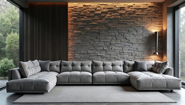 Spacious sectional sofa offers comfort against textured stone wall. Modern living room features large window with nature view. Elegant interior design blends textures and natural light.