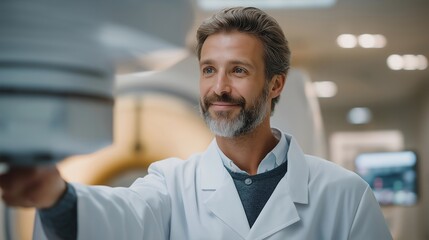A hospital physicist performing a routine quality check on a linear accelerator used for cancer treatment, ensuring accurate radiation delivery for therapy — radiation oncology, equipment