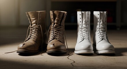 Worn Brown Leather Boots & Clean White Boots on Concrete Floor, Indoors