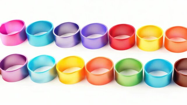 A row of colorful plastic rings. The rings are in a rainbow order