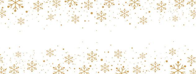 Horizontal winter banner featuring a falling pattern of golden/bronze snowflakes and dots along the top and bottom borders. The elegant design is isolated on white, providing significant central copy 