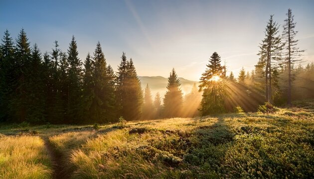 enchanted morning light filtering through pine trees