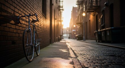 Bicycle parked beside the red brick wall in a quiet urban alley.