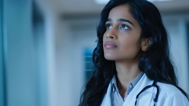 A young female doctor looking concerned or deep in thought in a hospital setting