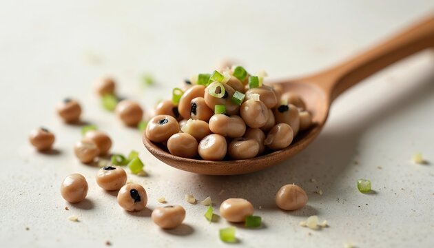 Wooden spoon holds black eyed peas topped with chopped green onions. Cooked beans with onion pieces spill onto white table. Simple dish highlights healthy ingredients for cooking.