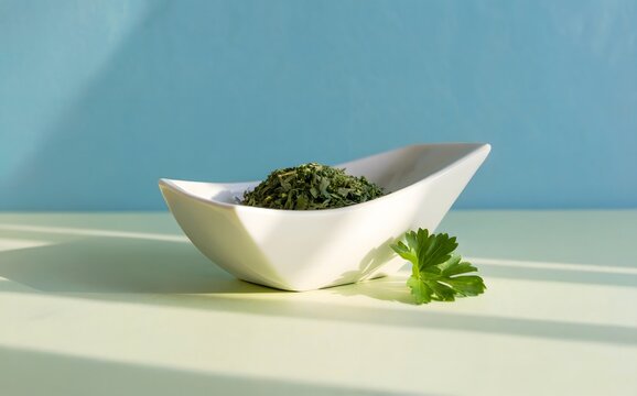 Dried chopped parsley herbs in white bowl, fresh green leaf garnish, minimalist blue background, organic food seasoning, sunlight shadow texture, for cooking, kitchen, spice.