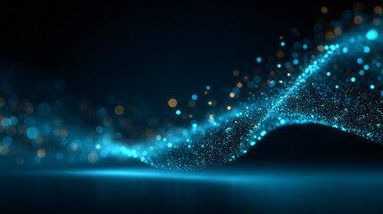 Abstract glowing blue particle wave flowing across a creating a futuristic and technological atmosphere.