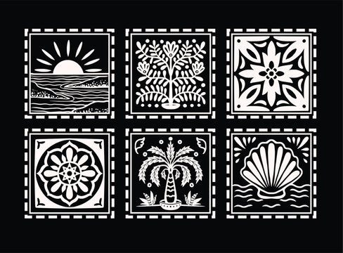 Tropical frame black and white decorative tiles with palm tree ocean vector design