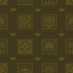 Tropical frame seamless pattern with palm tree seashell sun ocean tile vector
