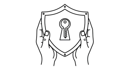 Hands protect a shield with a keyhole representing security and data protection concepts