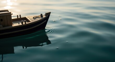 Wooden toy boat floating on tranquil water at sunset, creating gentle ripples in golden hour light
