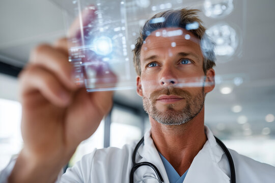 Physician man using AI diagnostic interface on transparent holographic screen, futuristic medical setting,