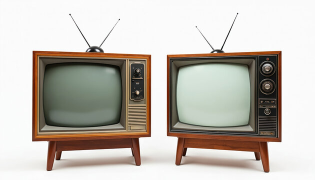 Two vintage televisions with wood frames stand on legs. One screen shows static, the other is blank. These old electronic devices represent retro design and past entertainment eras.