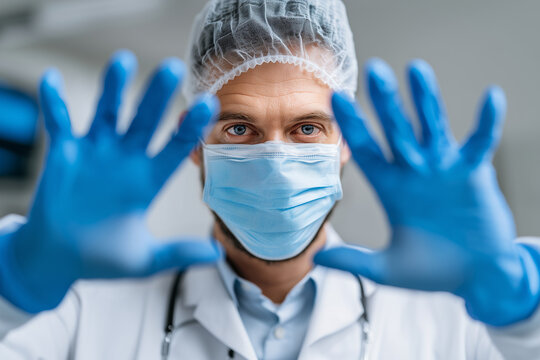 Physician man wearing protective gloves and mask preparing for examination, soft even lighting,