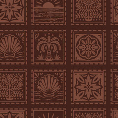 Tropical frame seamless pattern with palm tree seashell sun ocean tile vector