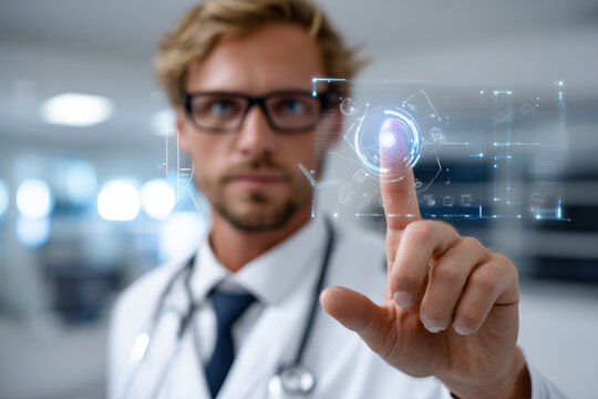 Physician man using AI diagnostic interface on transparent holographic screen, futuristic medical settingtext blured , 