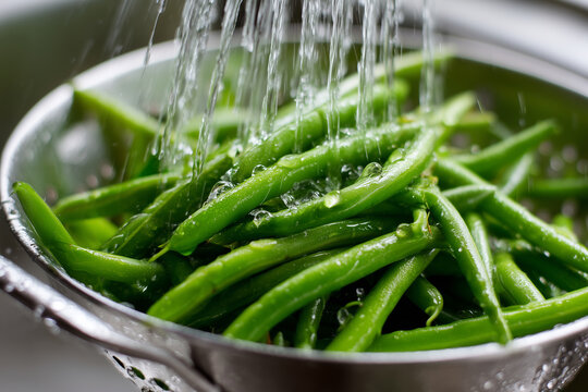Close-up washing green beans in colander under running water, droplets frozen mid-air, kitchen natural light, - Powered by Adobe