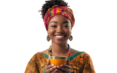 Celebratory Kwanzaa scene with individual in headwrap highlighting unity and traditional holiday custom isolated on transparent background PNG