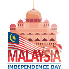Illustrative Pink Building Architecture with Malaysian Flag Waving Overlaying Bold Red Text 'MALAYSIA INDEPENDENCE DAY' on Transparent Background Festive National Celebration