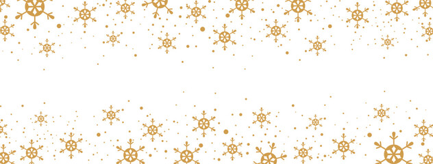 Horizontal winter banner featuring a falling pattern of golden/bronze snowflakes and dots along the top and bottom borders. The elegant design is isolated on white, providing significant central copy 