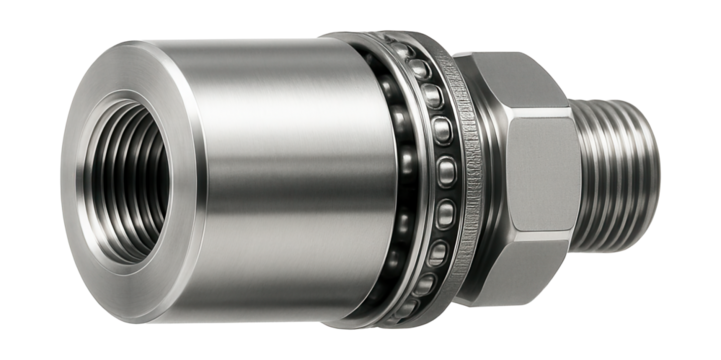 Rotary hydraulic swivel joint with sealed bearings for smooth movement.