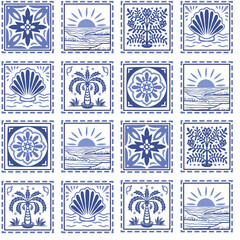 Tropical frame seamless pattern with palm tree seashell sun ocean tile vector