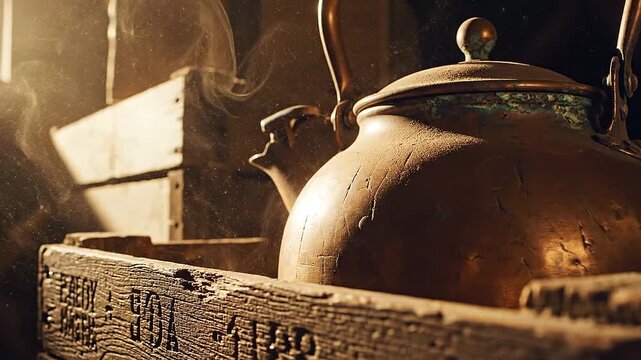 Worn copper kettle tucked behind crate