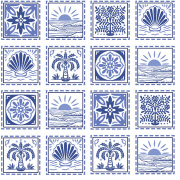 Tropical frame seamless pattern with palm tree seashell sun ocean tile vector