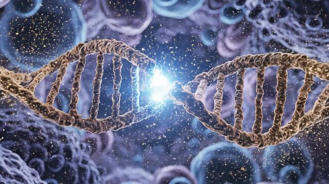 Extreme macro dna strands merging with golden glow. Molecular helix connecting in cellular environment. Scientific visualization of genetic replication process.