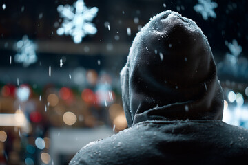 hacker infront of christmas scene with snowflakes, dark mood