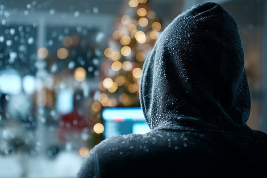 hacker infront of christmas scene with snowflakes, dark mood - Powered by Adobe