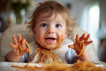 Adorable Baby Enjoying Spaghetti in a Bright Kitchen Setting