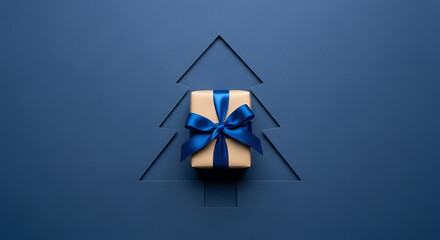 Fototapeta premium Festive Christmas tree silhouette crafted from dark lines, adorned with a beautifully wrapped gift box topped with a vibrant blue ribbon and bow, on a deep blue background