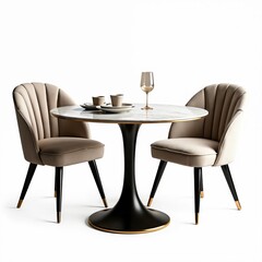 Modern round marble dining table with elegant black pedestal base, gold trim. Two upholstered beige chairs with black legs sit beside. Small cups, wine glass on tabletop. Stylish compact furniture