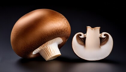 a close up shot of a whole brown mushroom and a half mushroom on a black colored background surface