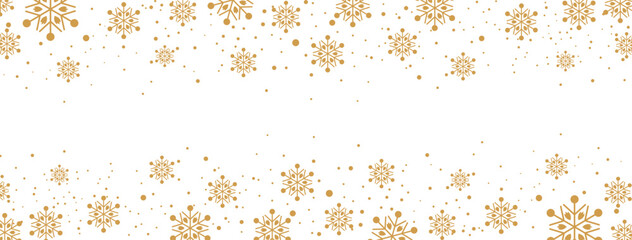 Horizontal winter banner featuring a falling pattern of golden/bronze snowflakes and dots along the top and bottom borders. The elegant design is isolated on white, providing significant central copy 