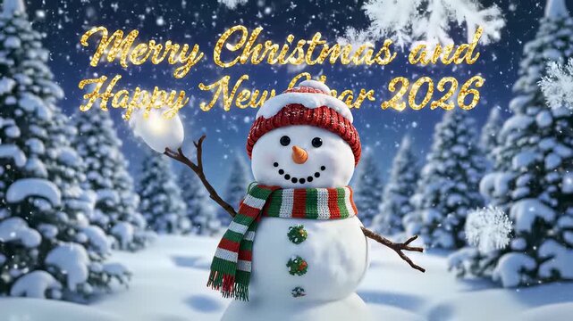Snowman animated greeting stands tall in serene winter landscape, perfectly capturing warm inviting concept of festive cheer celebratory spirit, perfect for adding playful charm commercial.