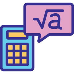Illustration of a calculator and a speech bubble displaying a square root symbol and the letter a against a transparent background symbolizing mathematics and calculations