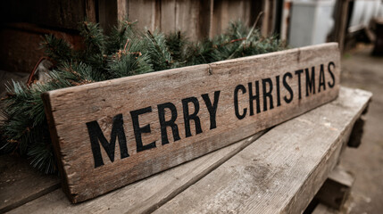 Weathered wooden merry christmas sign resting on a rustic bench with evergreen branches