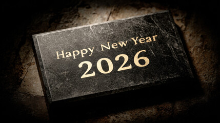 Elegant black marble plaque with gold engraved text reading happy new year 2026 in warm spotlight